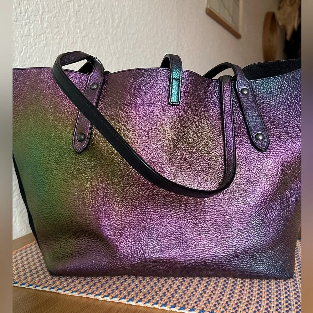 Coach Iridescent Green and Purple Pebbled Leather Tote - Picture 3 of 8